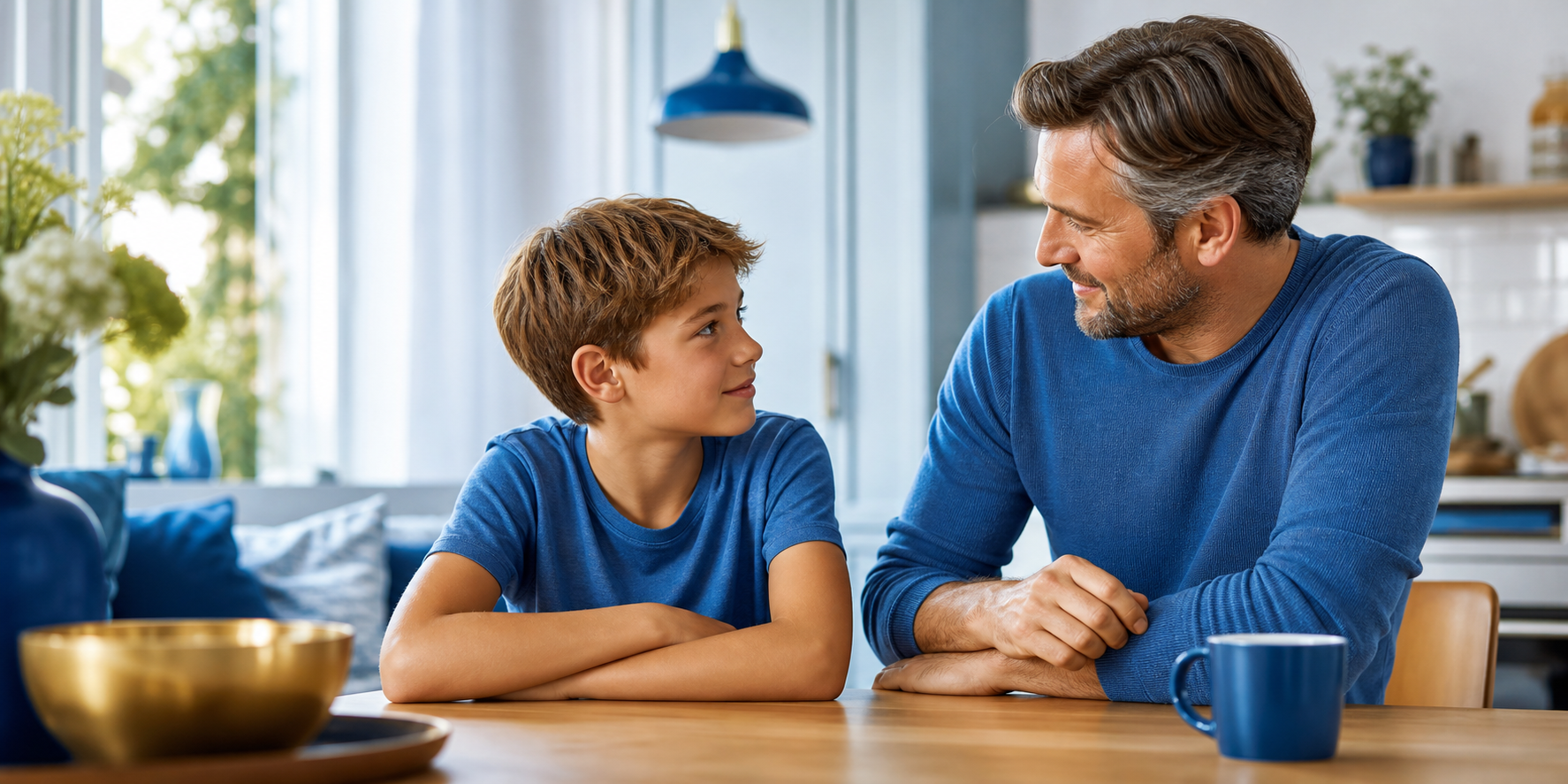 En familie som deler en god samtale hjemme.