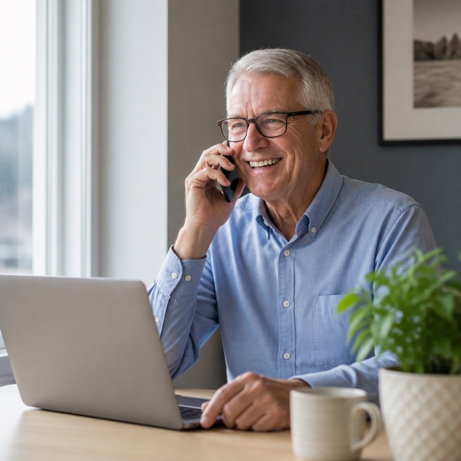 Mann som sitter med laptop og telefon ved skrivebordet hjemme.