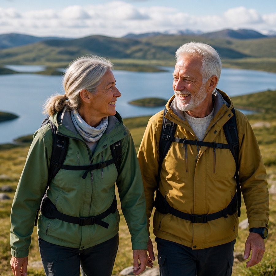 Et seniorpar på tur med ryggsekker ved et vann.